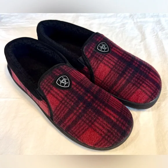 ARIAT New in Gift Tin Plaid Felt Men’s Fleece Slippers - Picture 3 of 14